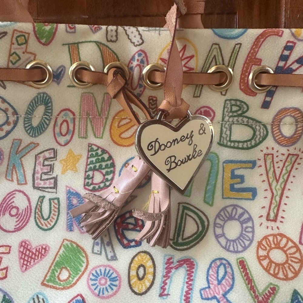 VTG Dooney & Bourke Multicolor Doodle Satchel with Tan Trim - Picture 2 of 10